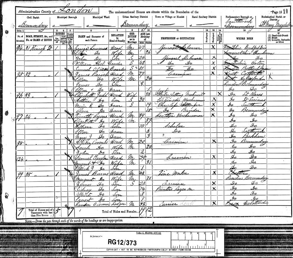 Timothy Lyons 1891 census